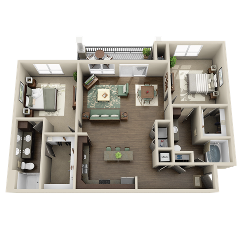 Floor plan for 2 beds, 2 baths, 1328 sqft